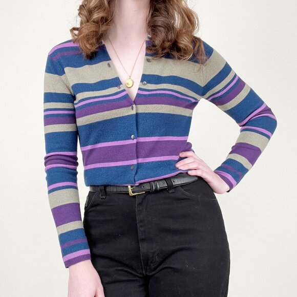 Vintage 90s Y2K 100% Cashmere Cardigan Sweater Fitted Stripe Knit 1990's 2000's - Picture 1 of 7